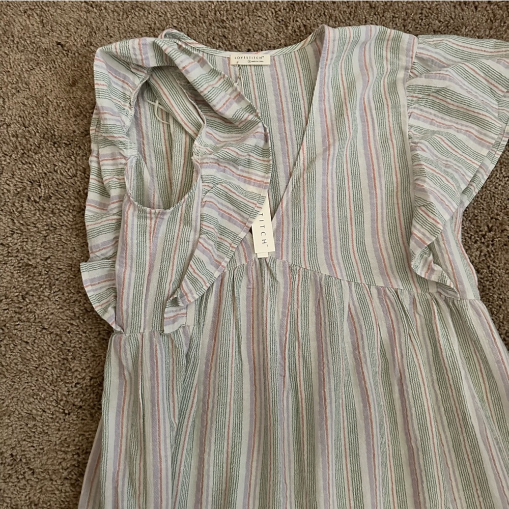 007.NWT Natural/Lilac/Green Stripe Babydoll V-Neck Dress - Picture 6 of 12